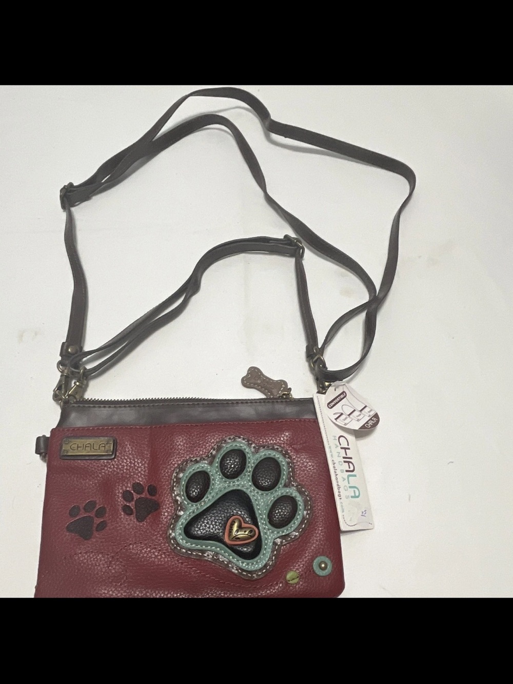 Chala Crossbody Bag - Burgundy with Teal Paw Accent